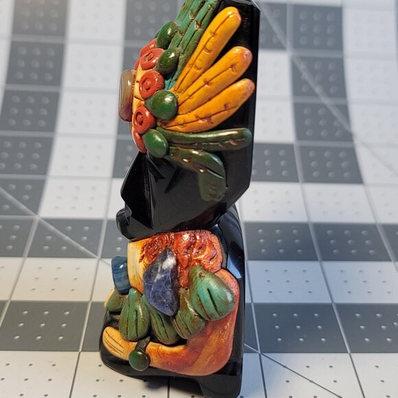 Carved Black Onyx Mexican Aztec Tribal Figurine Applied Decoration And Stones 4" - Picture 2 of 6